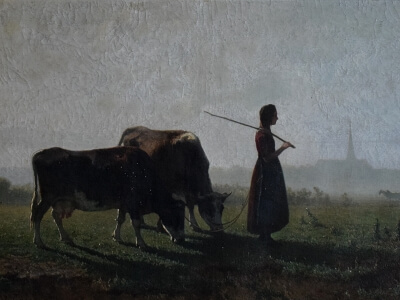 Gemälde Kühe & Hirtin beim morgendlichen Weiden im Nebelfelde