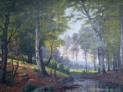 Gemälde Röhrender Rothirsch und Ricken im Laubwald